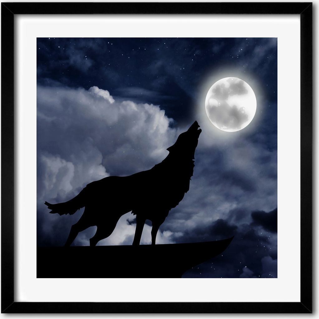 Bild - 50 cm x 50 cm - MDF - Rahmen, Wandkunst - Heulender Wolf Vollmond