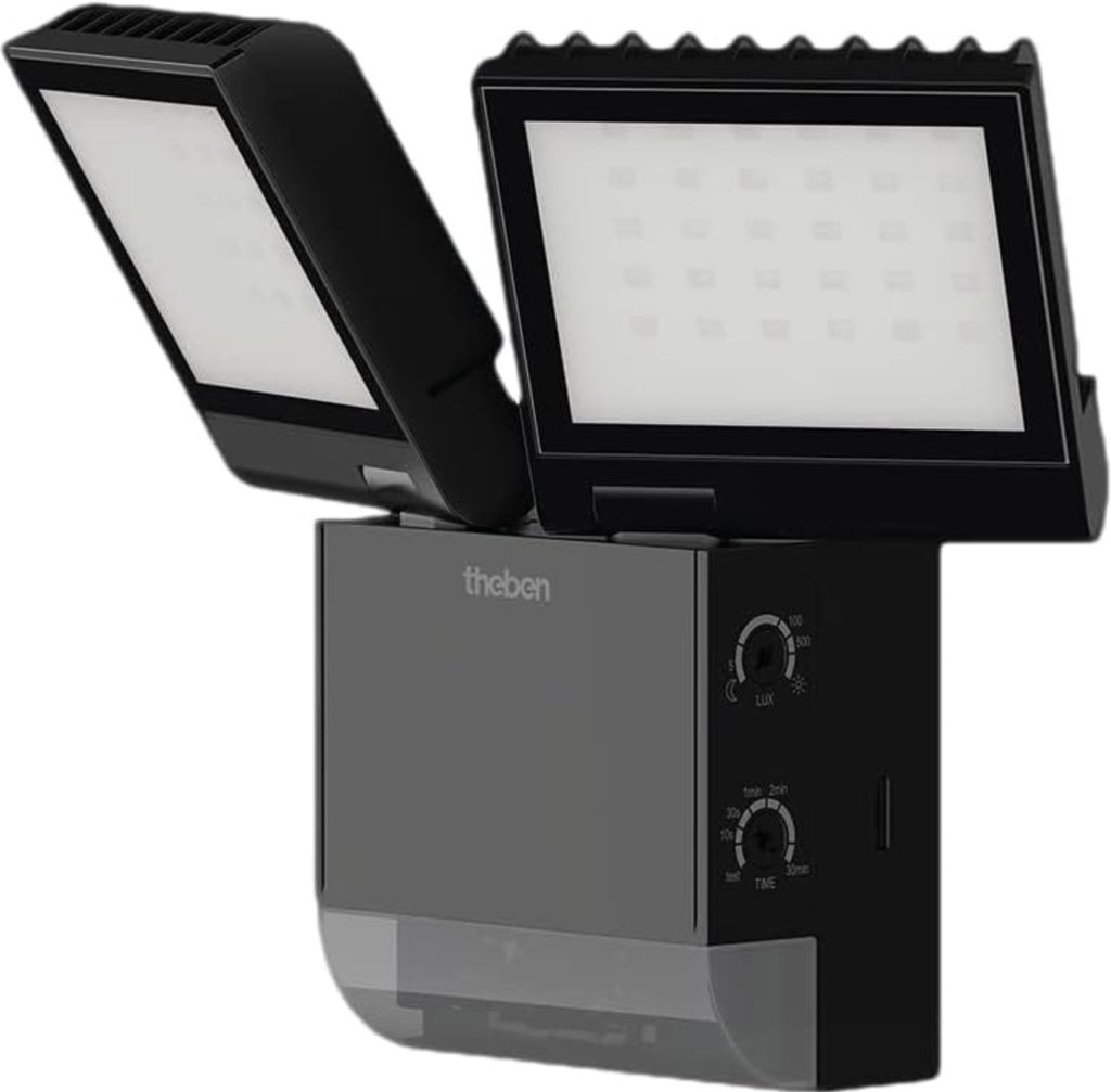 A black LED spotlight with two adjustable light heads and an integrated motion detector.