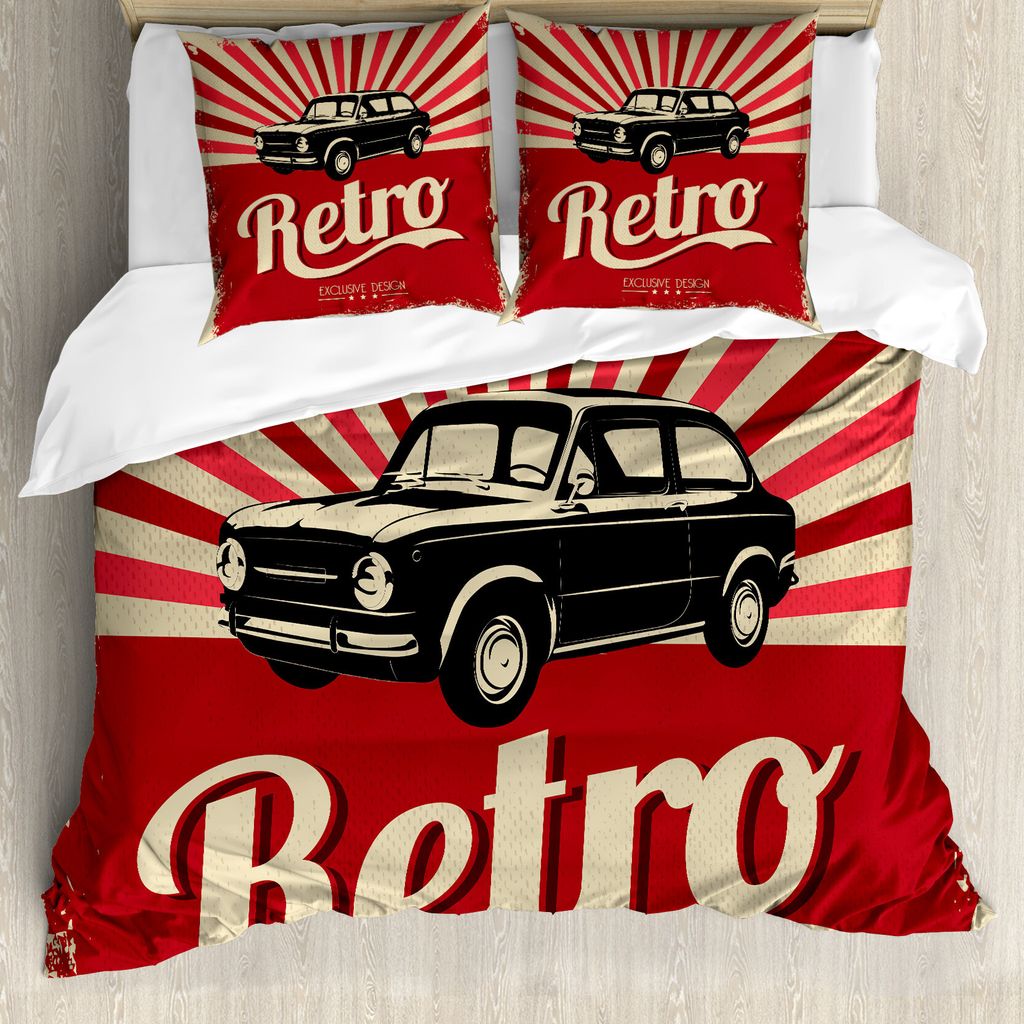 ABAKUHAUS Autos Bettbezug, Retro Plakat-Art-Fahrzeug, Milbensicher Allergiker geeignet mit Kissenbezügen, 155 cm x 220 cm - 80 x 80 cm, Beige Rubi...