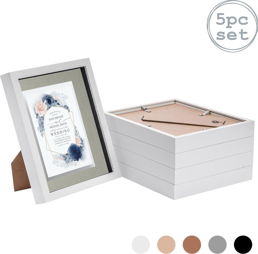 Nicola Spring Stück 5 8 x 10 3D-Schatten-Kasten-Foto-Rahmen-Set - Craft Anzeigen Bilderrahmen mit 5 x 7 Montage - Glas Aperture - Weiß / Grau