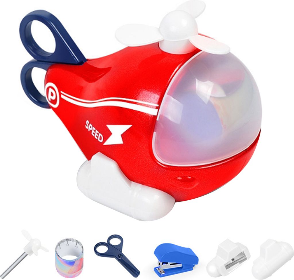 Cartoon-Helikopter-Spielzeug mit Bleistift, Lineal, Schere, Spitzer, Radiergummi, Hefter, 6-in-1-Kinder-Schrein, Flugzeug-Dekoration, Schüler, Sch...