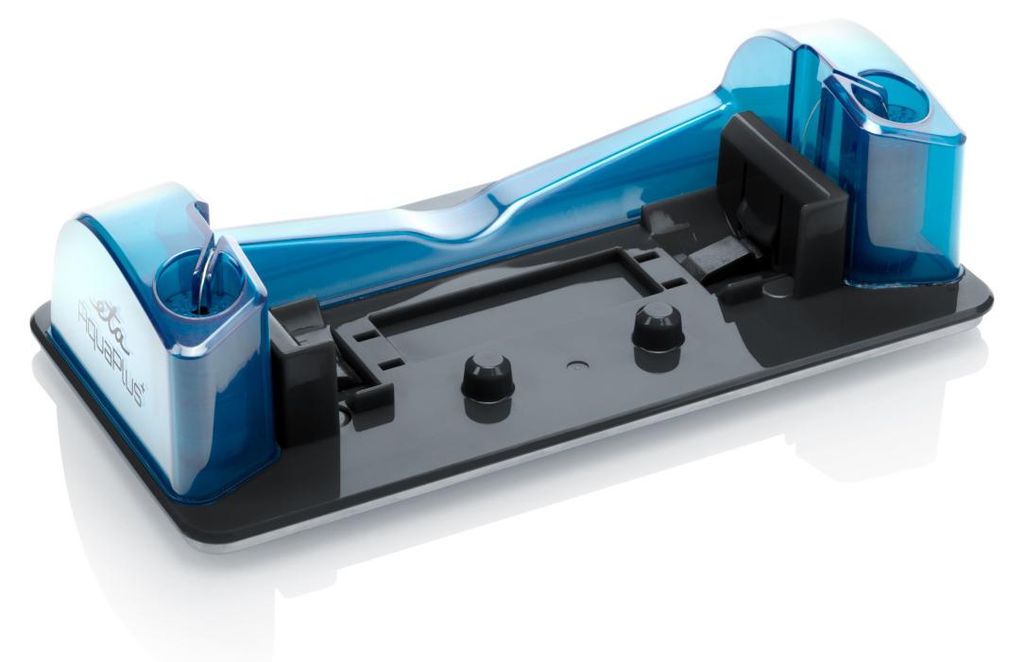 A product shot of a blue and black handheld vacuum cleaner base.