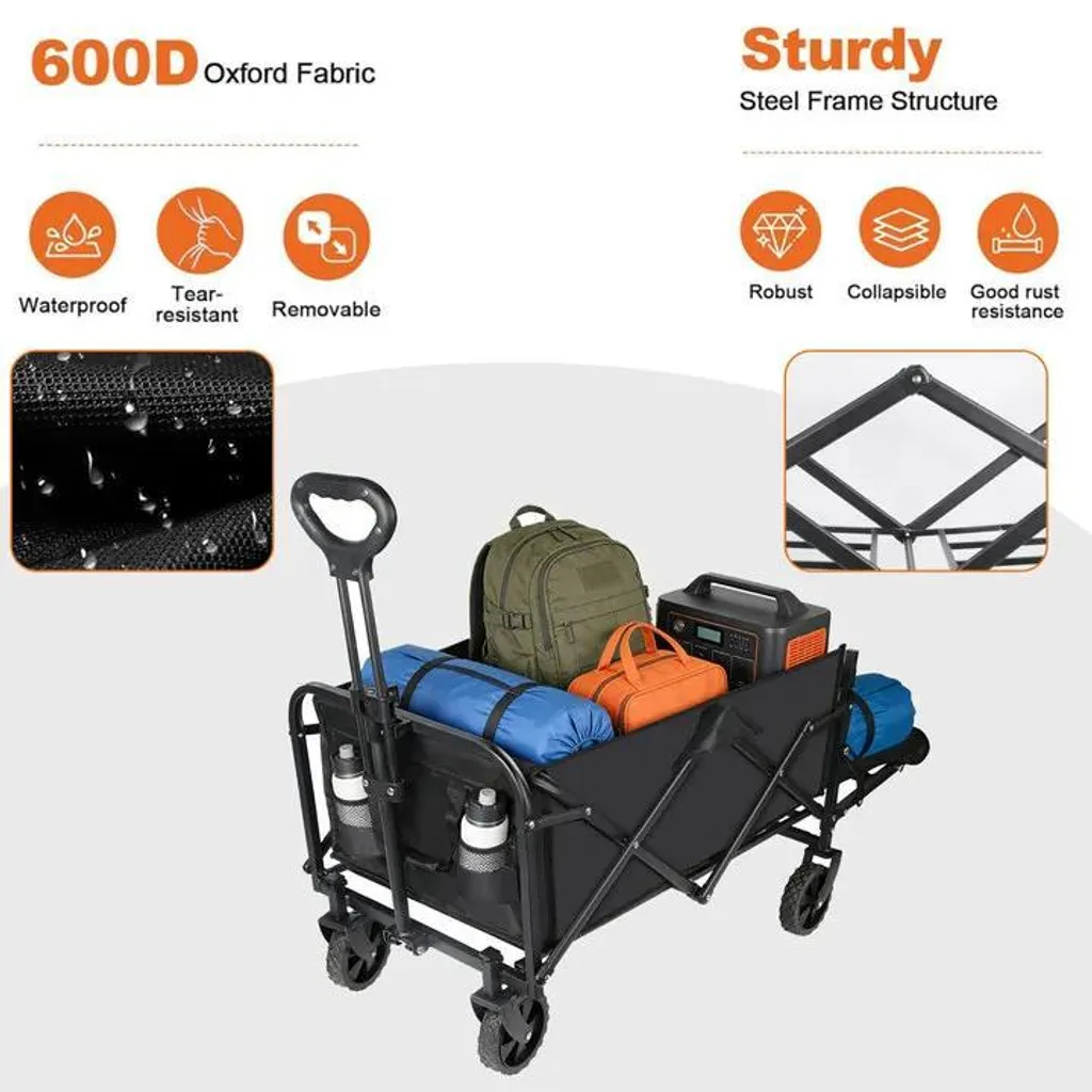 Chariot pliable 150L compact - Structure renforcée 75kg - Noir mat