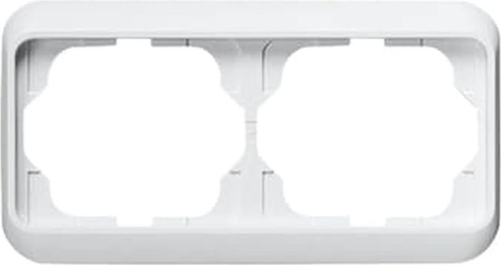 A white frame for two electrical outlets.