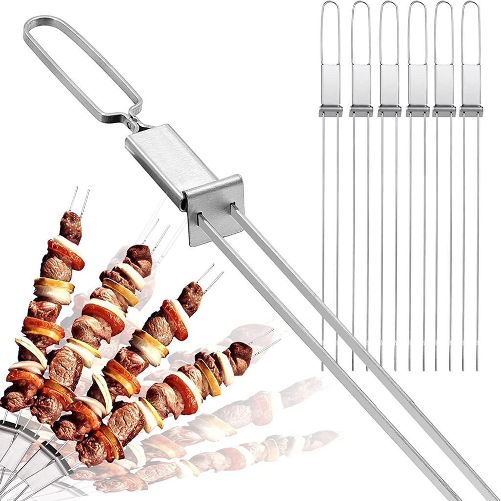 6 Stück Schaschlikspieße, Grillspieße aus Edelstahl, Flache Fleischspieße mit Schiebern, Wiederverwendbare Grillspieße aus Metall für Fleisch...