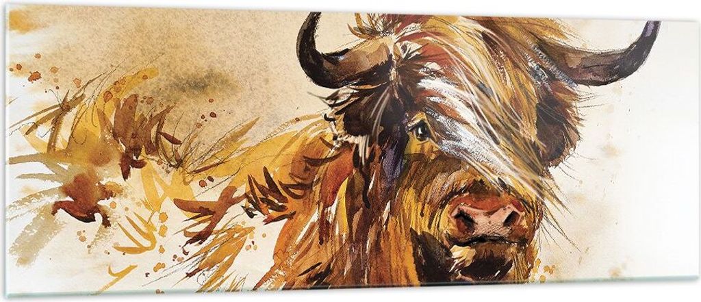 Bilder auf glas - Einteilig - Stier Scotch Aquarell - 140x50cm - Glasbilder - Wandbilder - Bilder - zum Aufhängen bereit - Wanddekoration aus Glas...