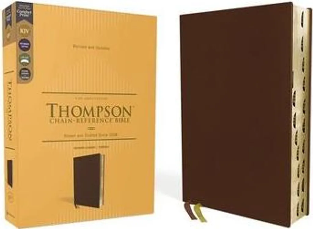 Bible d'étude KJV Thompson en Cuir Véritable Marron et Lettres Rouges