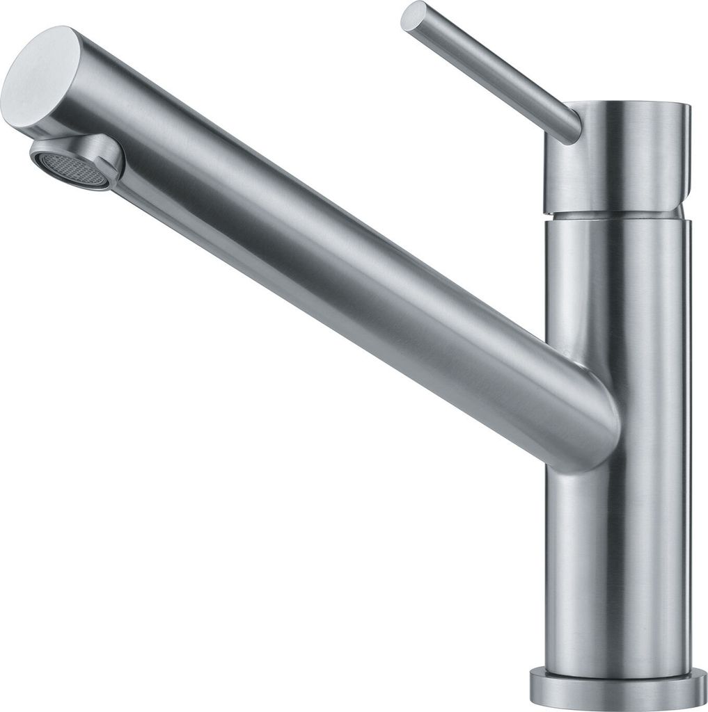 A stainless steel faucet on a white background.