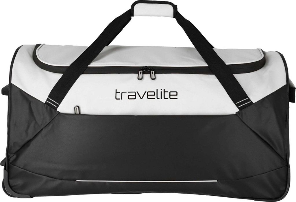 A travel bag with wheels.
