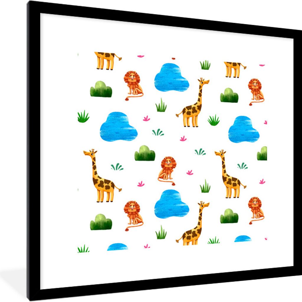 MuchoWow Gerahmtes Poster Giraffe - Löwe - Dschungel - Design 40x40 cm - Poster mit Schwarzem Bilderrahmen Wandposter Rahmen Foto Bilder - Poste...