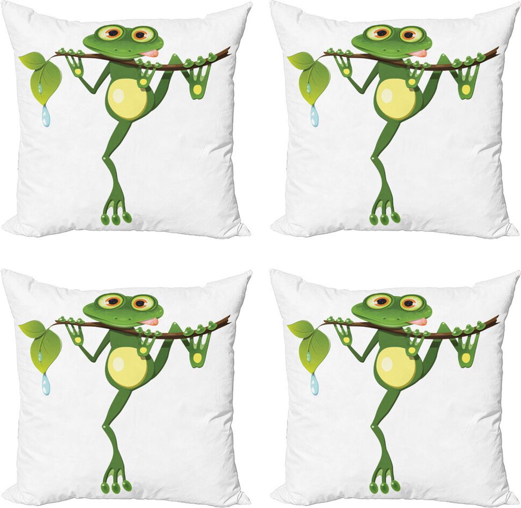 ABAKUHAUS Tier Kissenbezug Set (4 Stück), Frosch auf Zweig Dschungel, Moderner Doppelseitiger Digitaldruck, 45 cm x 45 cm, Grün Weiß Gelb