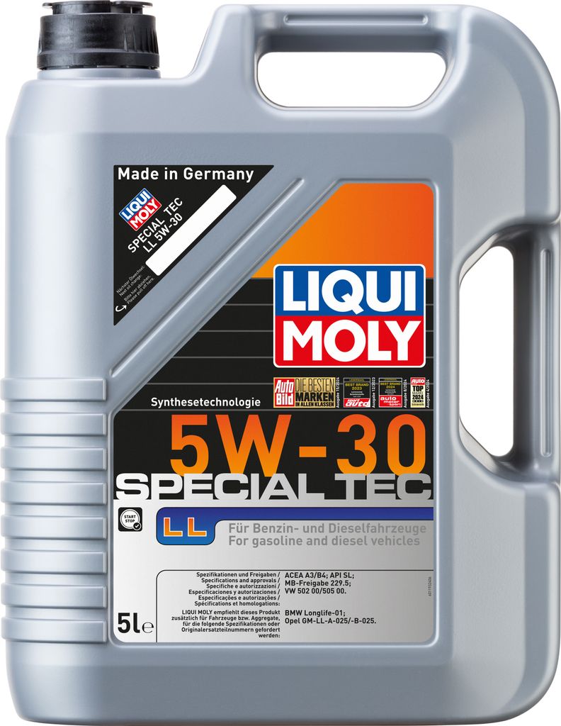 A plastic container of Liqui Moly 5W-30 Special Tec LL motor oil.