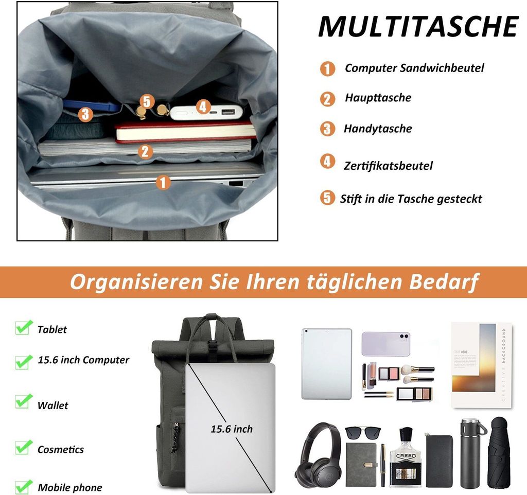 Mofut Rucksack, Rucksack Laptop Tasche 15,6 Zoll, Rucksack Produktbild 7