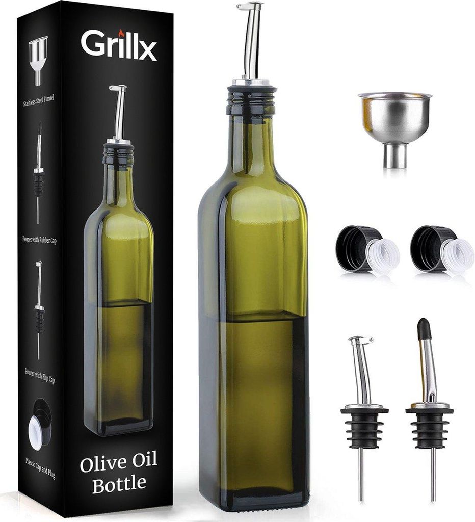Grillx Olivenöl Glasflasche 500ml – mit Ausgießer, Trichter Produktbild 