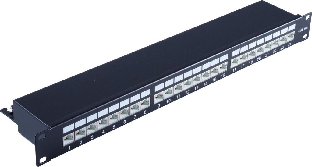 Patchpanel CAT 6A 24 Ports RJ45, 1 HE, schwarz 48,30cm (19")-Patchfeld vollgeschirmt, 24 x vollgeschirmte RJ45-Buchsen auf nur 1 HE ! 8-polige LSA ...