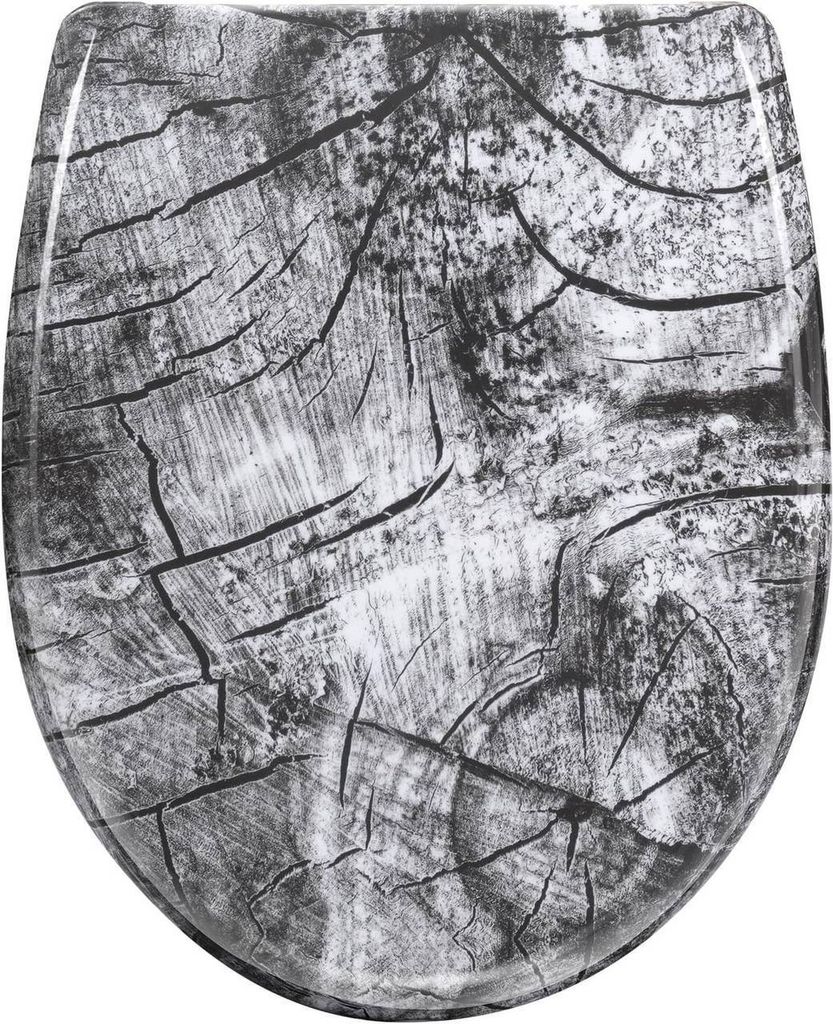 A toilet seat with a wood grain pattern.