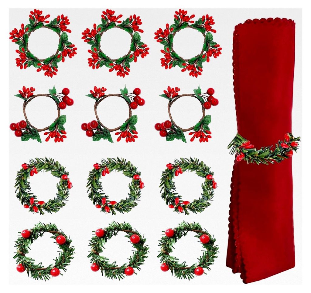 12 Stück Serviettenringe mit roten Beeren für Weihnachten