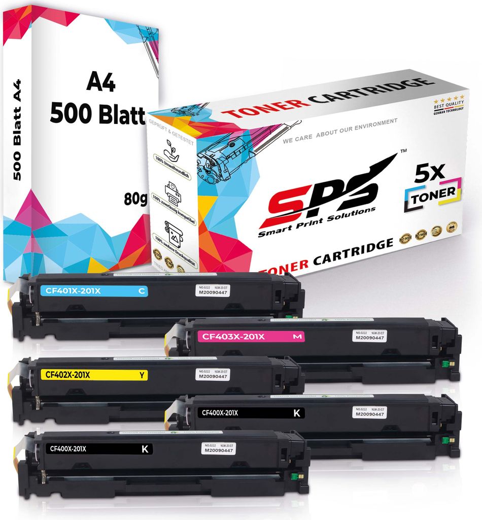 Druckerpapier A4 + 5x Multipack Set Kompatibel für HP Color Laserjet Pro 200 M 252 DW (201X/CF401X, CF403X, CF402X, CF400X) Toner