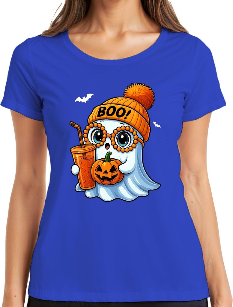 Halloween BOO Geist Kürbis SüßesOderSaures Niedlich Kinder Herbst Damen T-Shirt, Blau, L