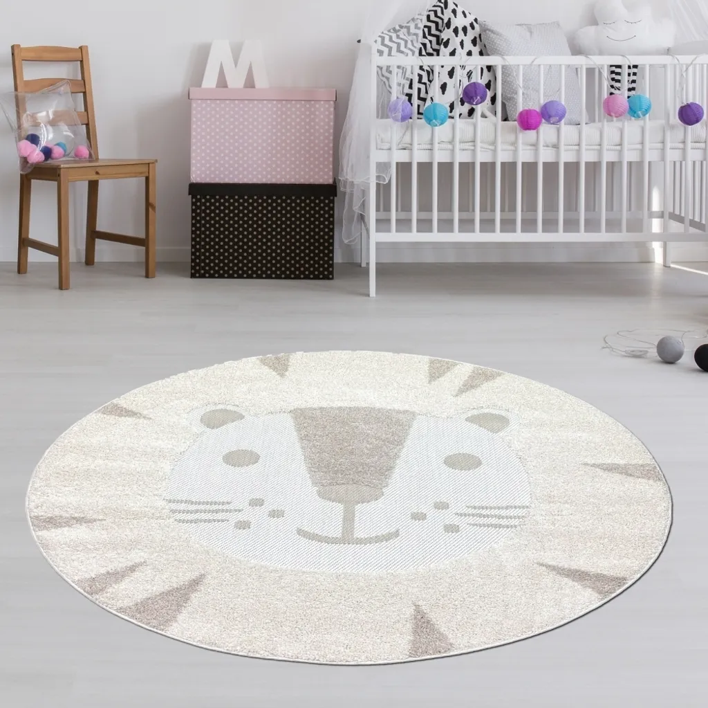 Tapis chambre enfant rond 160 cm motif chats High Low crème et marron