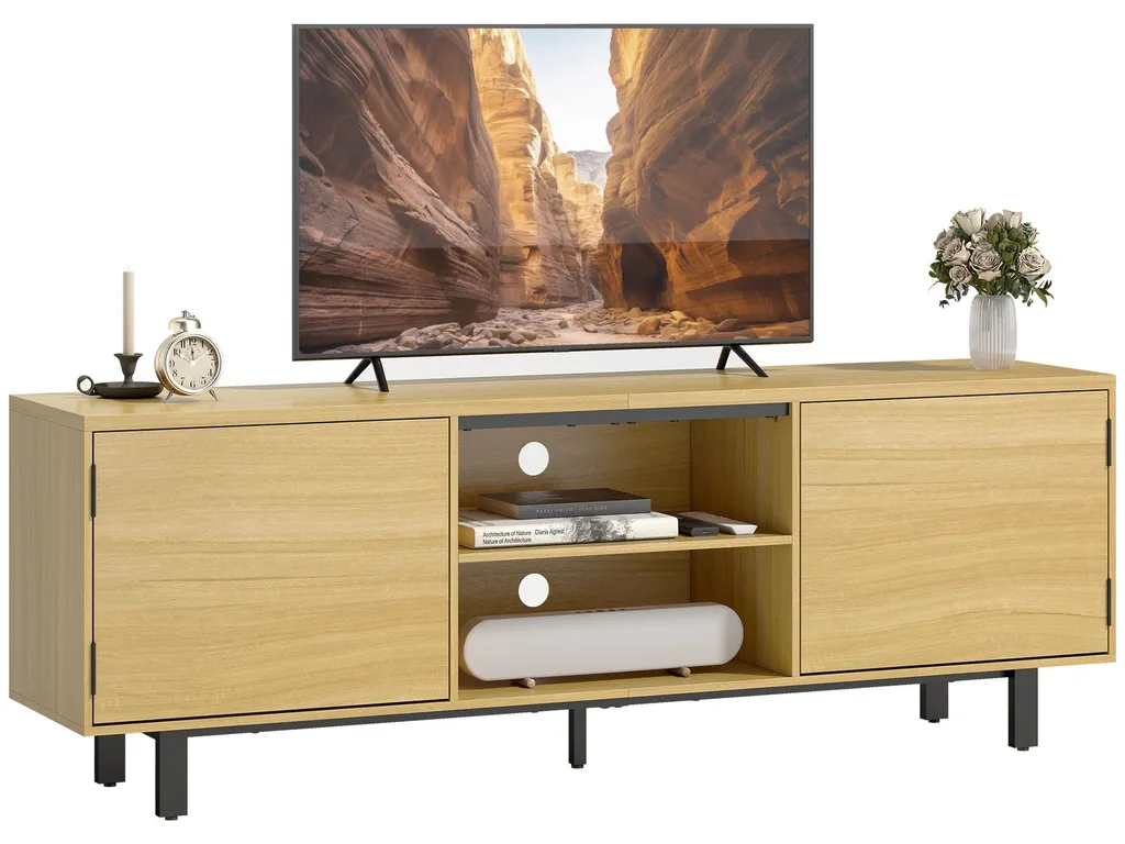 Grand meuble TV de salon pour TV 65 pouces avec rangements bois naturel
