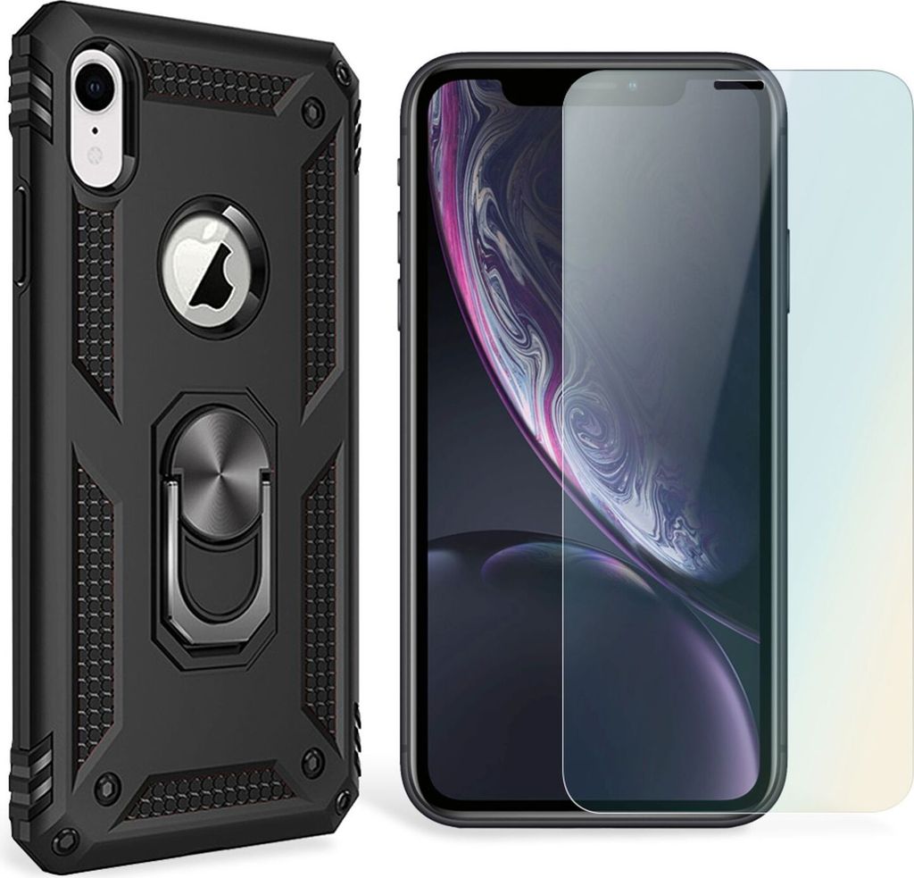 NALIA Ring Handy Hülle für iPhone XR, Case Cover Bumper Display Schutz Glas Schwarz