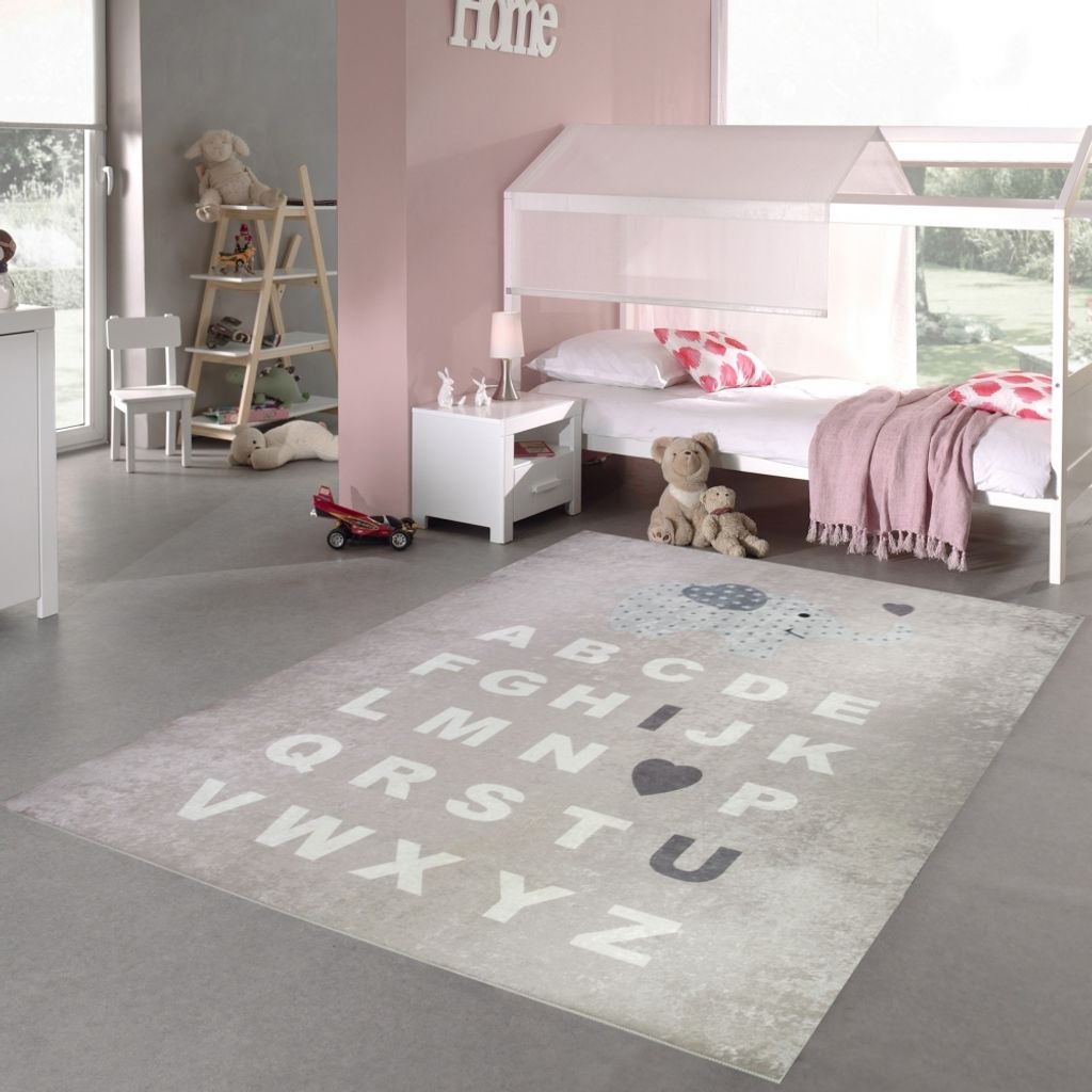 Kinderteppich ABC Lernteppich Alphabet Spielteppich mit Elefant in Rosa Größe - 120 x 160 cm