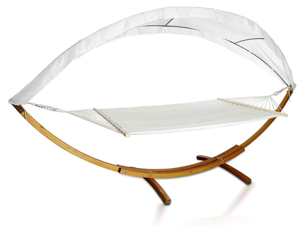 Hängematte XXL mit Gestell und Sonnendach, Liegefläche 200 x 150 cm, wetterfeste Hängematte aus Lärchenholz, bis 200 kg, für 2 Personen im Inn...