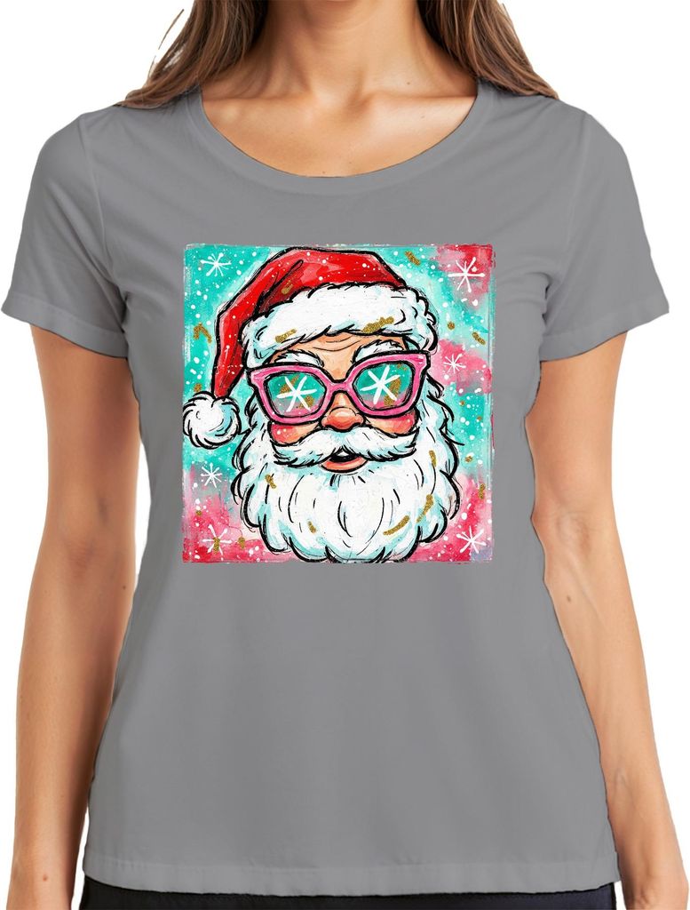 Weihnachtsmann Sonnenbrille Rosa Schneeflocken lustig Retro Damen T-Shirt, Grau, S