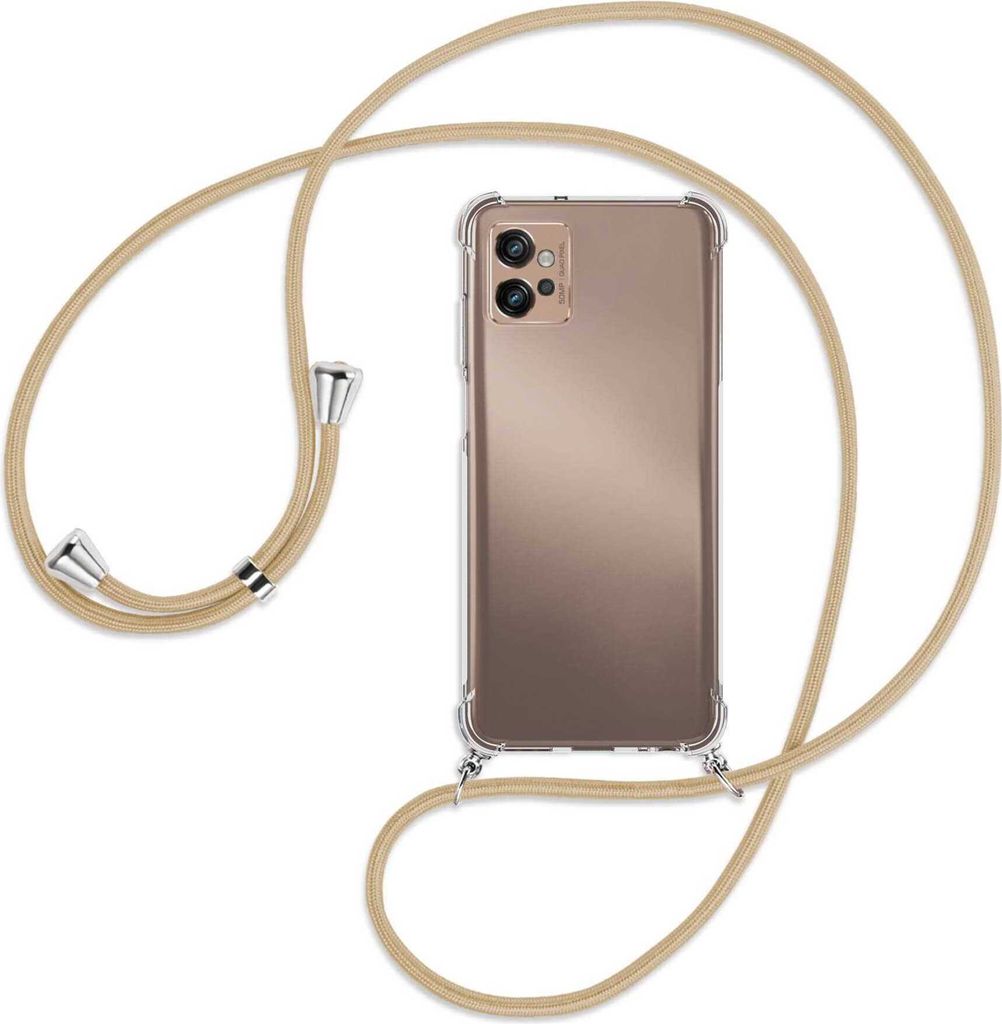 Handykette Backcover-Schutzhülle mit Band (Metall silberfarben) für Motorola Moto G32 (6.5'') - caramel