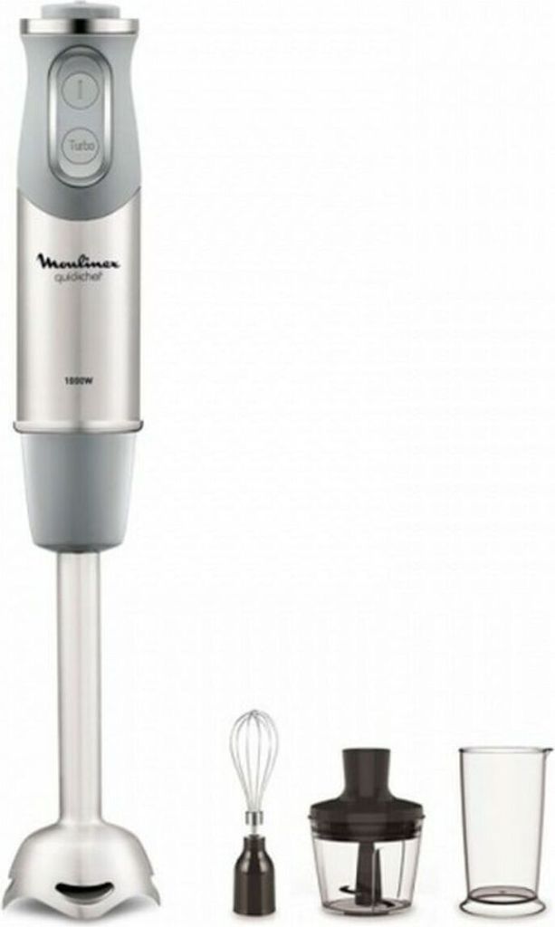 A Moulinex hand blender and its accessories are displayed against a white background.