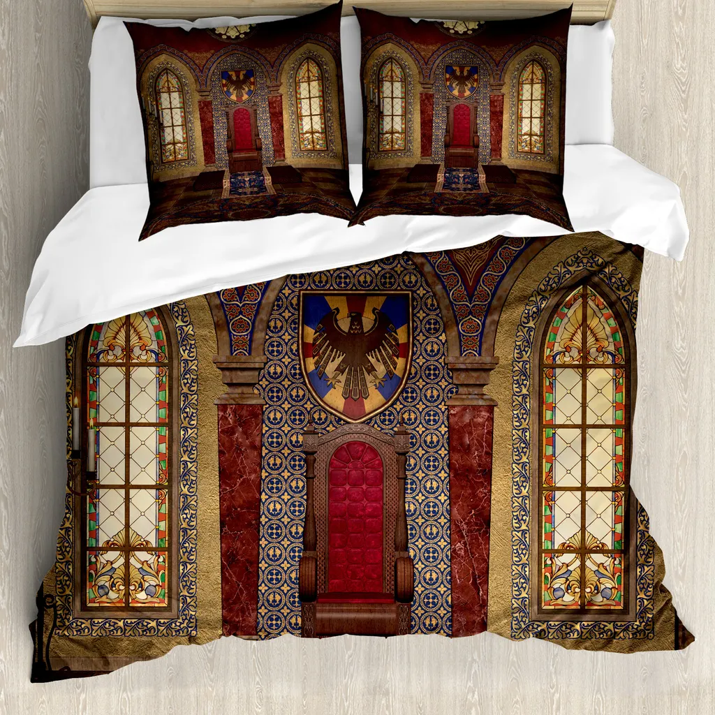 ABAKUHAUS Set copripiumino gotico Per letti matrimoniali, Trono medievale da castello, Antiacaro Adatto a chi soffre di allergie Con federe, Rubino marrone