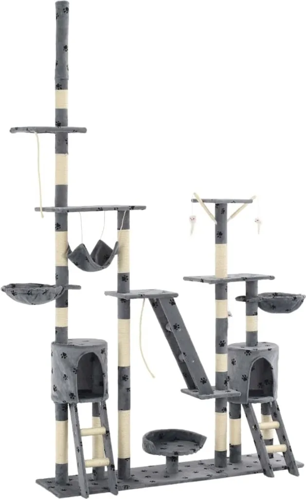 Arbre à chat 250 cm en sisal naturel gris avec imprimés pattes de chat