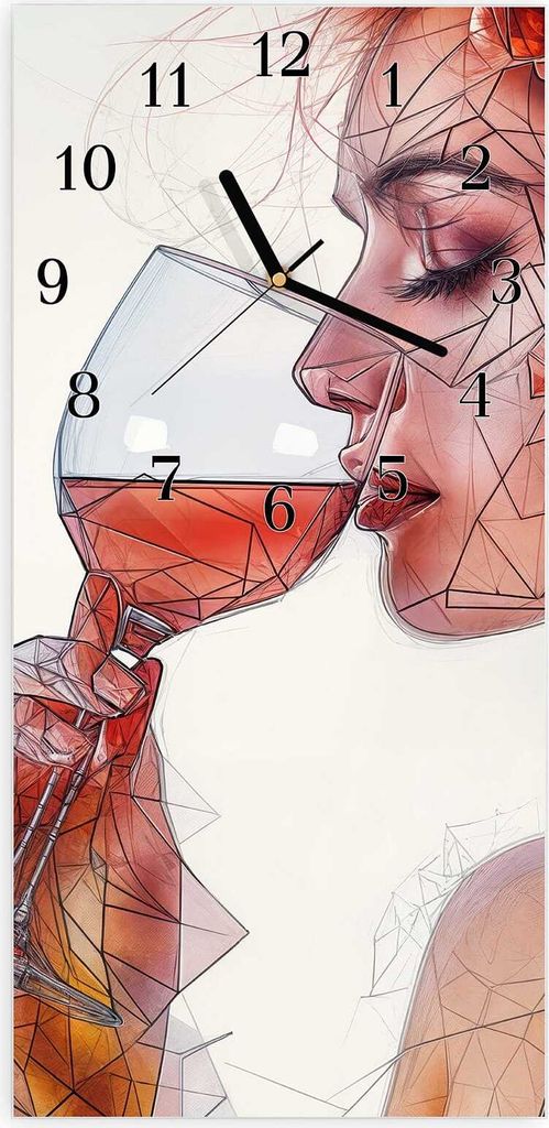 Wanduhr aus Glas mit Motiv Weintrinkende Frau- 30 x 60 cm - inkl. Aufhängesystem