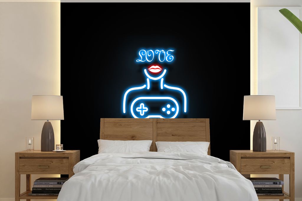 MuchoWow Fototapete für Wohnzimmer oder Schlafzimmer Wandtapete Vinyl Motivtapete Neon - Text - Liebe spielen - Blau - Frauen - 350x350 cm - Sch...