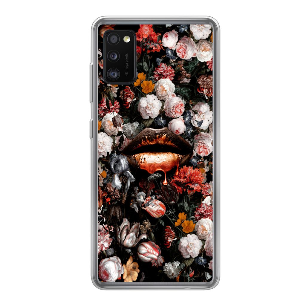 MuchoWow Handyhülle Schutzhülle Hülle für Samsung Galaxy A41 Lippen - Blumen - Farbe - Orange - Kunst - Abstrakt - Alte Meister Silikon Softc...