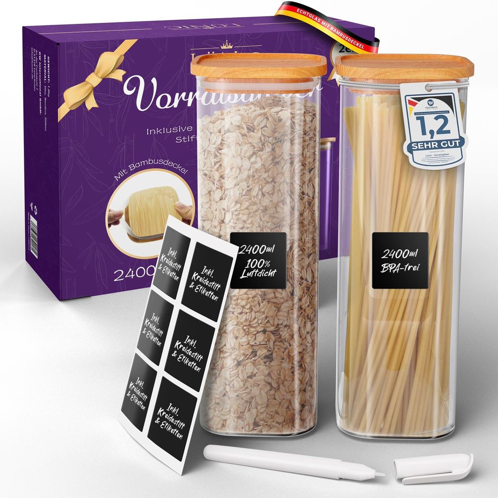 LÜNIC Vorratsgläser mit Bambusdeckel (2er Set - 2400 ml) Produktbild 