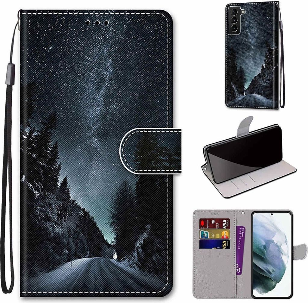König Design Hülle kompatibel mit Samsung Galaxy S22 Plus 5G Kunstleder Handyhülle - Handy Case Bergstraße Sternenhimmel