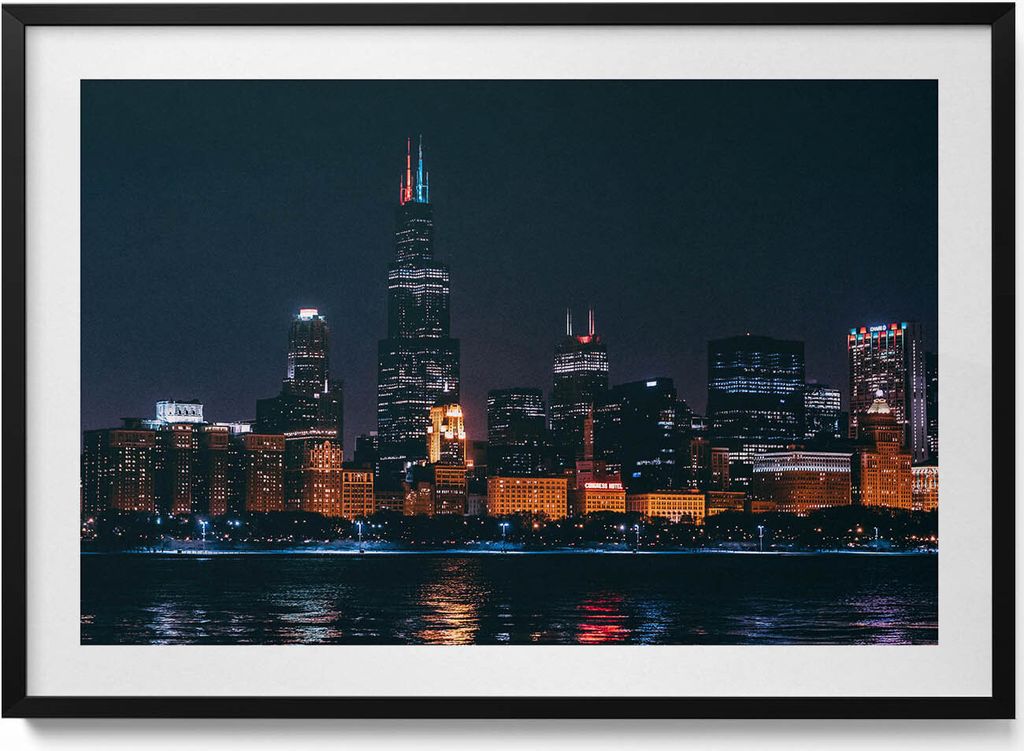 Stadtbild Chicago– Wandbild mit Rahmen – Gerahmtes Bild – Wanddekoration – 100x70 cm – Schwarz Rahmen