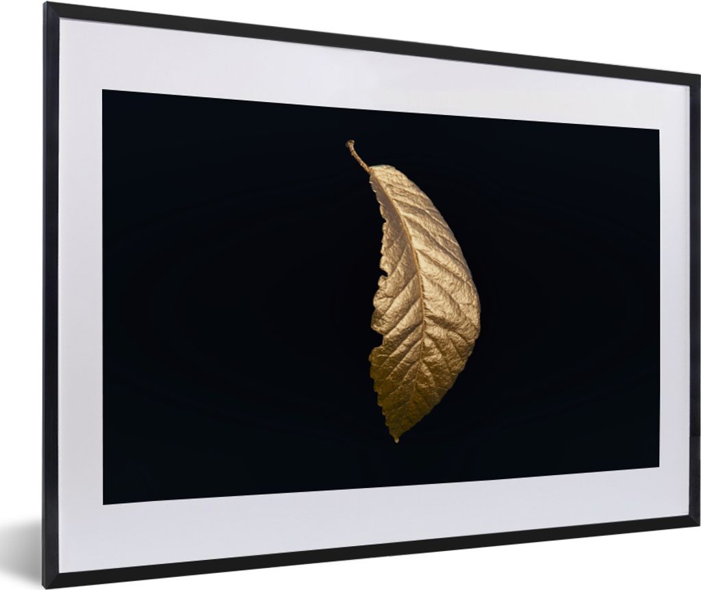 MuchoWow Gerahmtes Poster Blätter - Luxus - Gold - Schwarz - Natur 60x40 cm - Poster mit Schwarzem Bilderrahmen Wandposter Rahmen Foto Bilder - ...