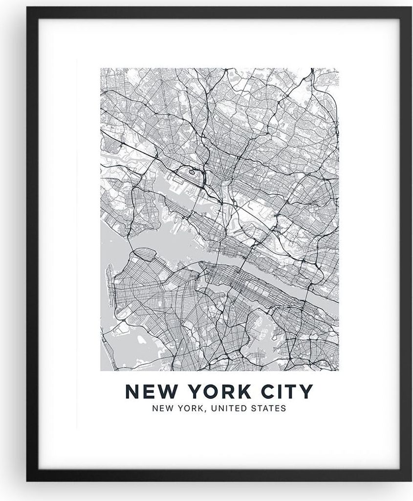 Gerahmtes Poster - Schwarzer Rahmen - Neu York Karte - 40x50 cm - Wand Bild - Wanddeko - Wandbilder - Kunstposter - Wandposter - Bilderrahmen - Bil...