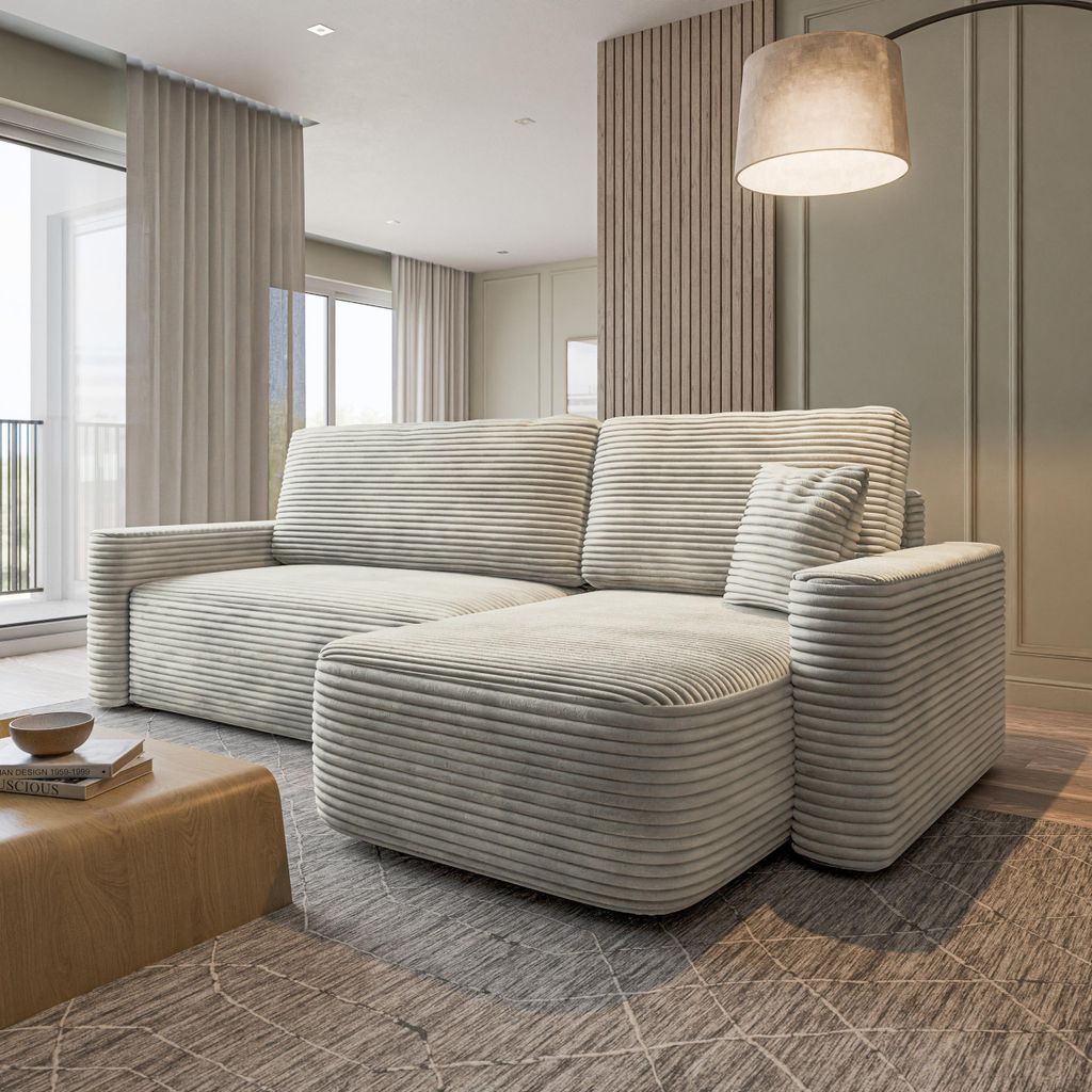 Masseno Ecksofa NERI T mit Schlaffunktion L-Form, Sofa mit Bettkasten, Wohnzimmersofa, Couch, Soffa, Bettsofa, Couchgarnitur- Hellgrau, TILIA 83