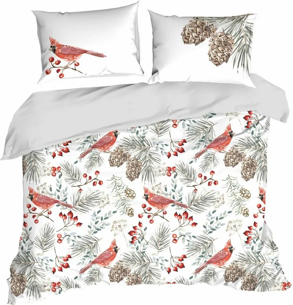 Housse de couette 200x220 motif oiseaux de Noël en coton doux blanc