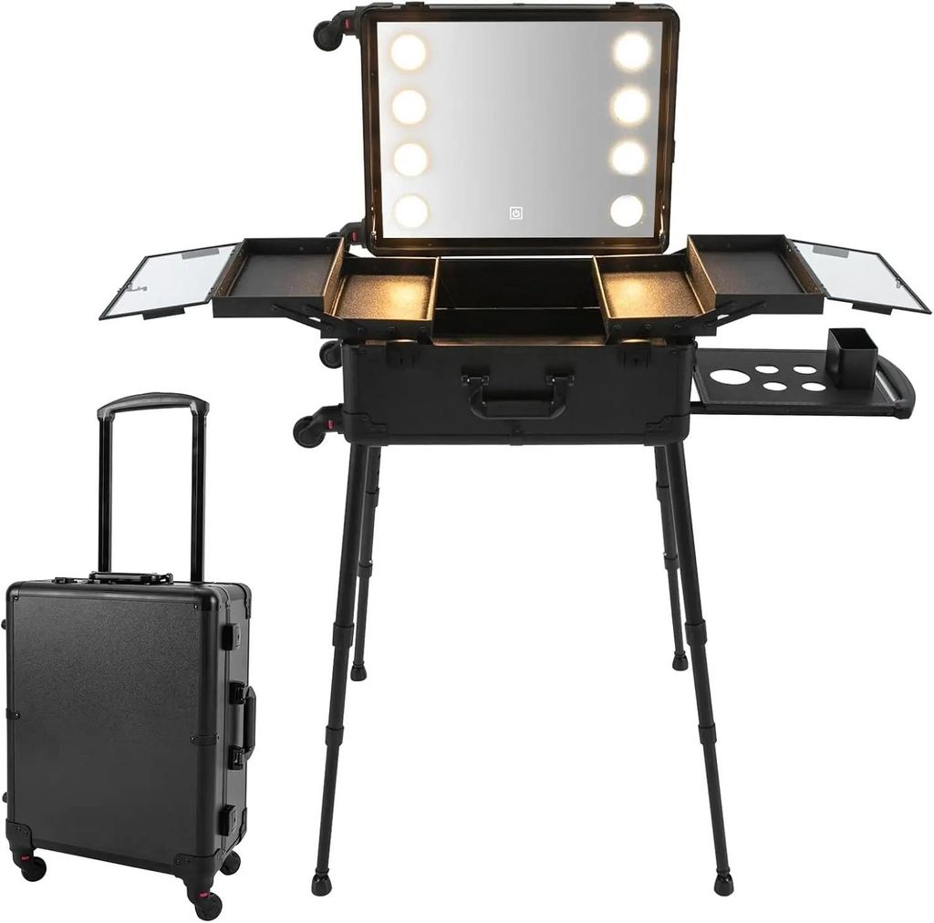 Schminkkoffer auf Rollen - Reise Beauty Trolley - Höhenverstellbare Beine - 8 LED-Lichter - Integrierter Spiegel - PVC - Schwarz