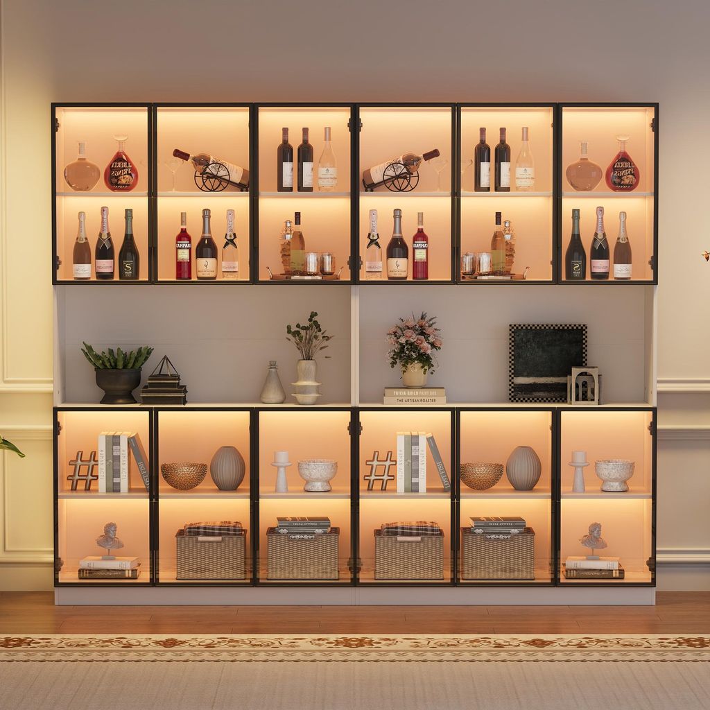 Standvitrine mit LED, 12 Türen & Freilagerbereich, Hochschrank & Multifunktionsschrank, Glasvitrine für Wohnzimmer, großer Schrank 240 cm breit,...