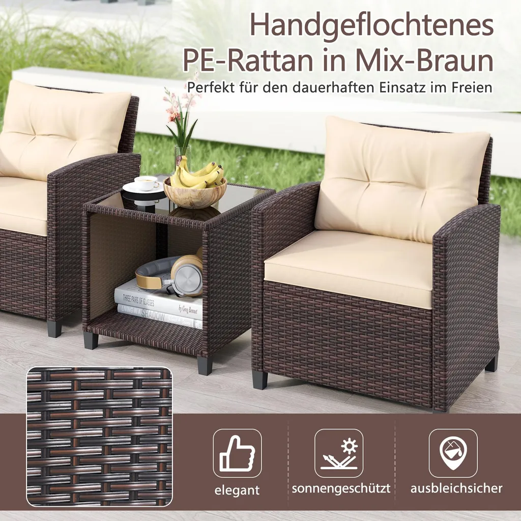 Meuble de Balcon en Rotin Résistant avec Table et Fauteuils Ergonomiques
