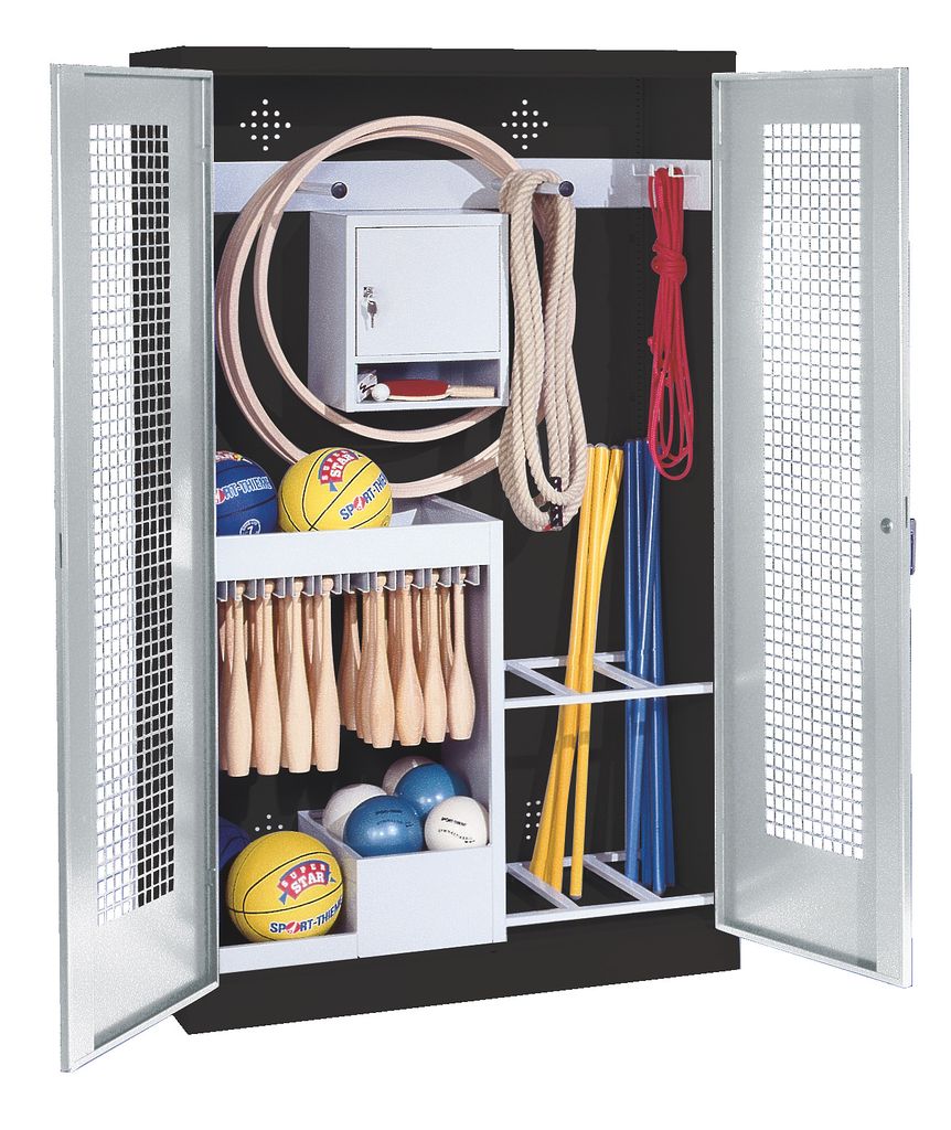 C+P Sportgeräteschrank mit Lochblech-Flügeltüren (Typ 1), HxBxT 195x120x50 cm, Lichtgrau (RAL 7035), Ergo-Lock Muldengriff, Anthrazit (RAL 7021)...