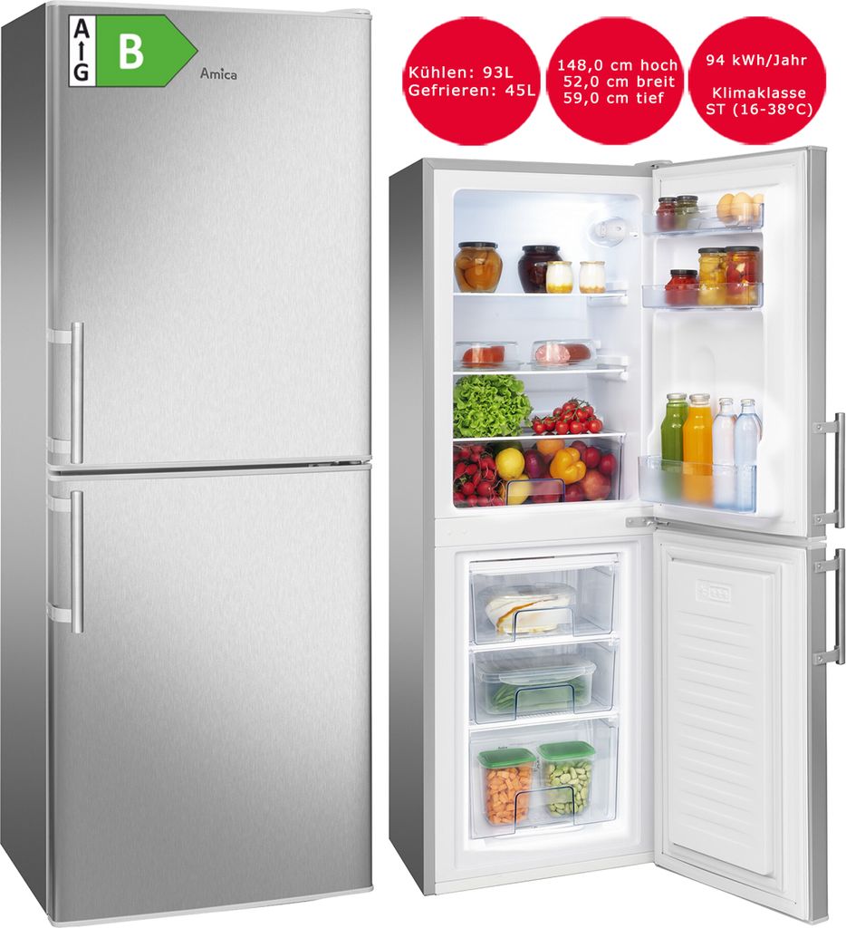 A collage showing a silver refrigerator with its door open, displaying food items, and a separate image of the closed refrigerator.