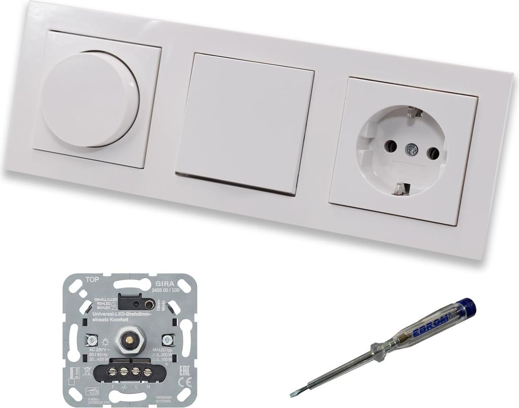 GIRA 245500 LED Drehdimmer Dimmer + Dimmerscheibe Zentralscheibe 065003 + Taster 015100 + Steckdose 418803 Gira E2 reinweiß glänzend + EBROM Phas...