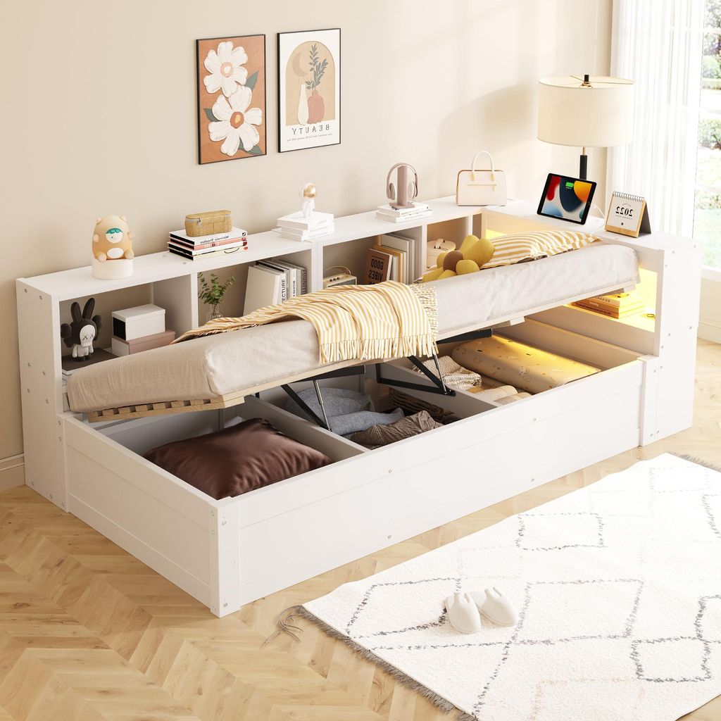 STILVORA Schlafsofa 90x200 cm mit hydraulischem Bettmechanismus und Staufächern, Funktionsbett mit Euro-Steckdose und mehrfarbiger LED-Lichtleiste...